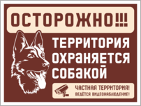 Табличка «Осторожно! Территория охраняется собакой. Частная территория, Ведется видеонаблюдение»